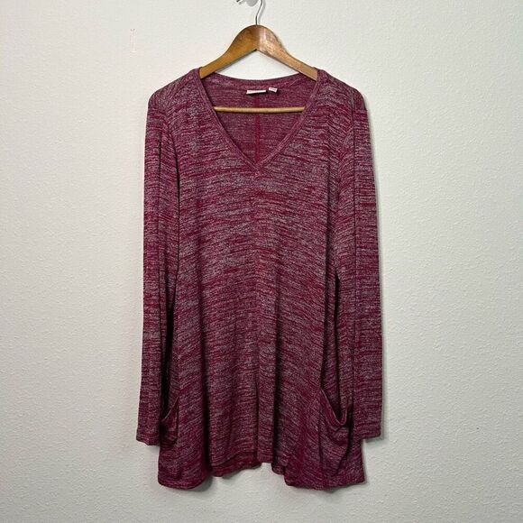 LOGO By Lori Goldstein Women’s Red Heathered V Neck Long Sleeve Top Size 1X - Picture 1 of 14